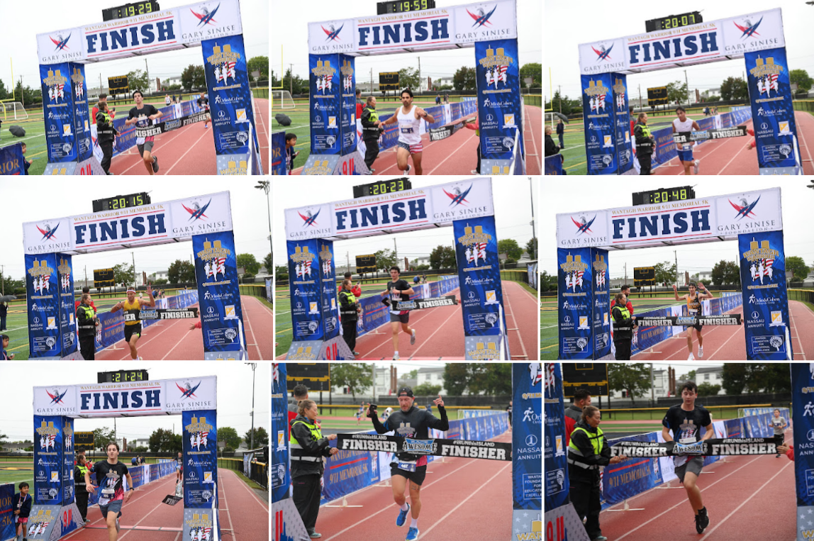 A grid of nine photos shows different runners crossing the finish line under a large blue arch labeled FINISH.